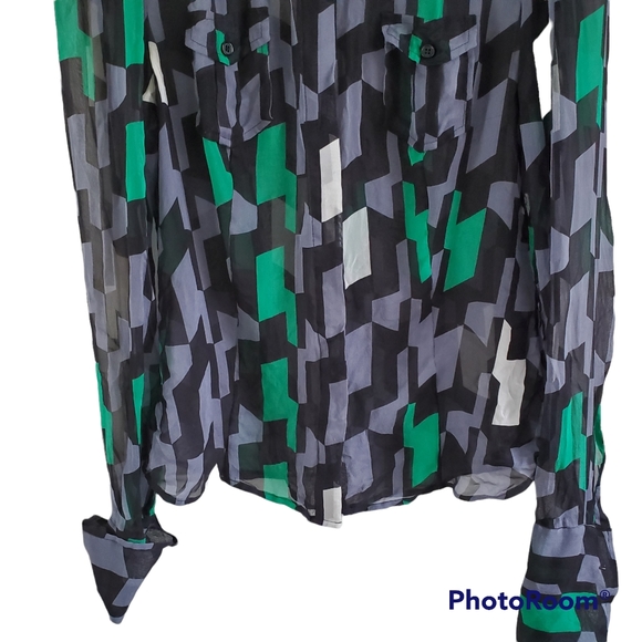 Diane von Furstenberg 100% Silk Green Black Button Blouse Top Womens Size 6 - Picture 3 of 7